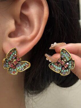 NEW Betsie Pink and Blue Crystal Studded Gold Butterfly Earrings